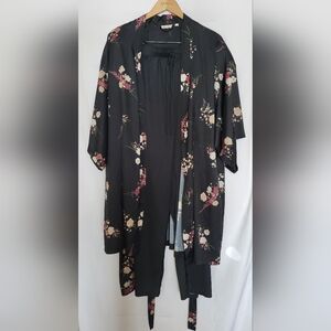 La Vie En Rose Black Floral Satin Set Kimono Robe With Pants Woman XL